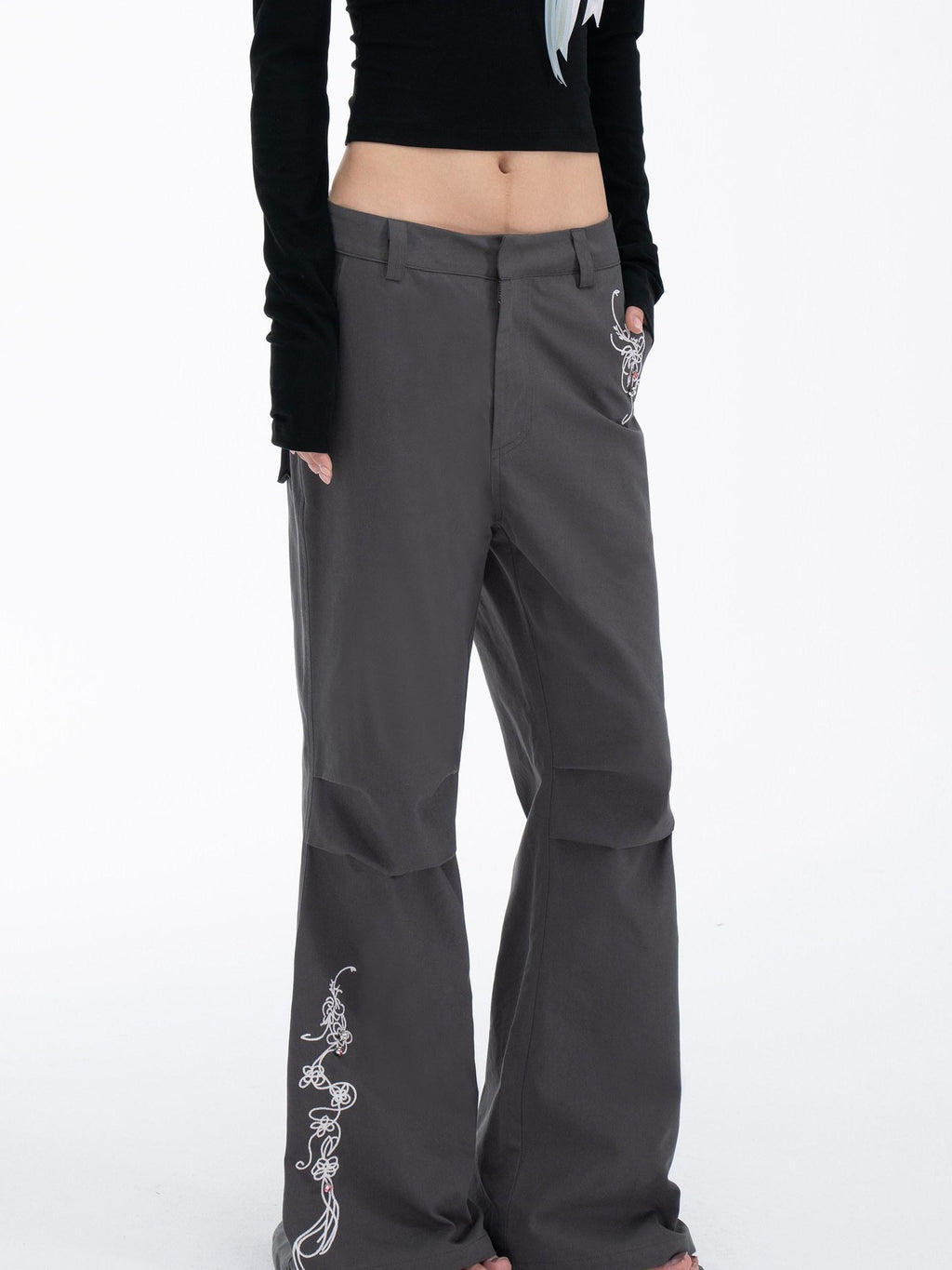THELIGHT OFFICIAL Gray 3d Embroidery Rhinestone Women's Cotton Lyocell Blend Flare Pants