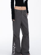 THELIGHT OFFICIAL Gray 3d Embroidery Rhinestone Women's Cotton Lyocell Blend Flare Pants