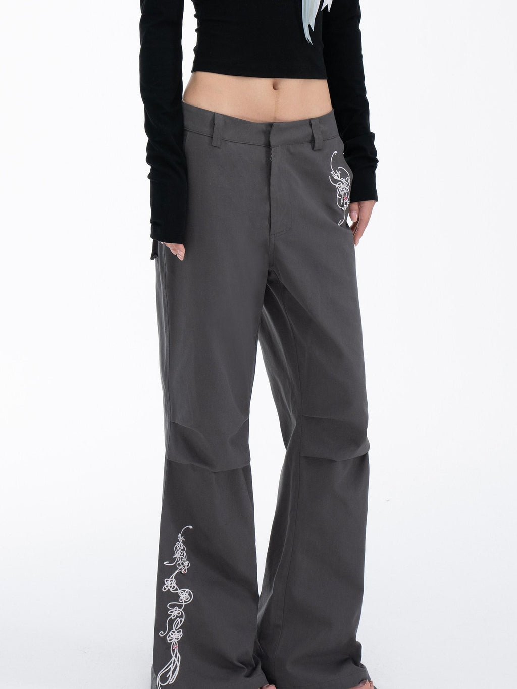 THELIGHT OFFICIAL Gray 3d Embroidery Rhinestone Women's Cotton Lyocell Blend Flare Pants
