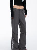 THELIGHT OFFICIAL Gray 3d Embroidery Rhinestone Women's Cotton Lyocell Blend Flare Pants