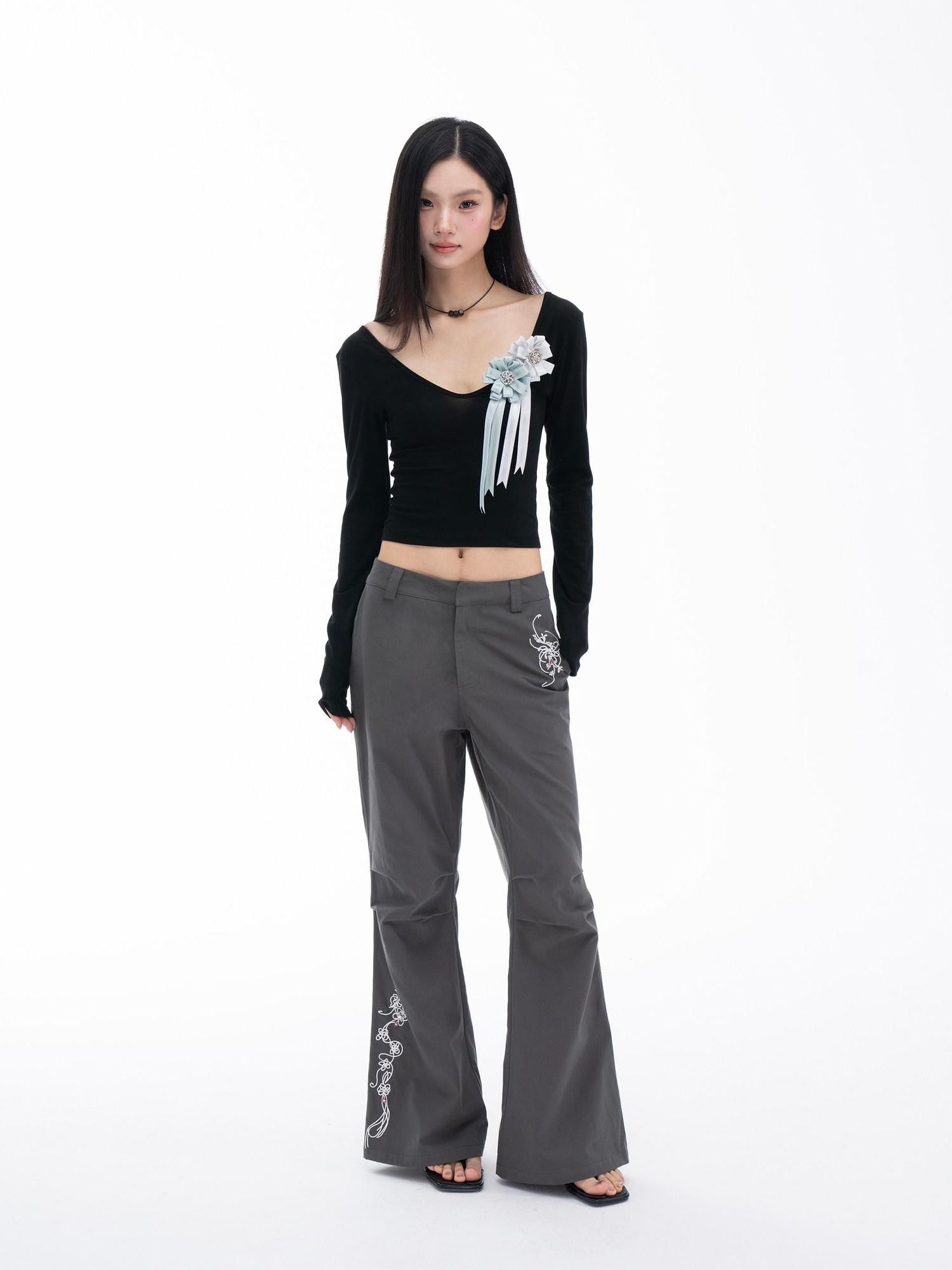 THELIGHT OFFICIAL Gray 3d Embroidery Rhinestone Women's Cotton Lyocell Blend Flare Pants