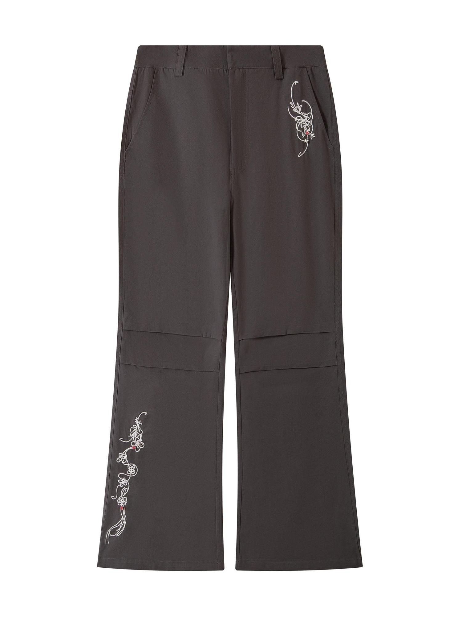 THELIGHT OFFICIAL Gray 3d Embroidery Rhinestone Women's Cotton Lyocell Blend Flare Pants