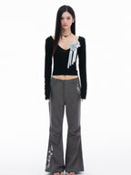 THELIGHT OFFICIAL Gray 3d Embroidery Rhinestone Women's Cotton Lyocell Blend Flare Pants