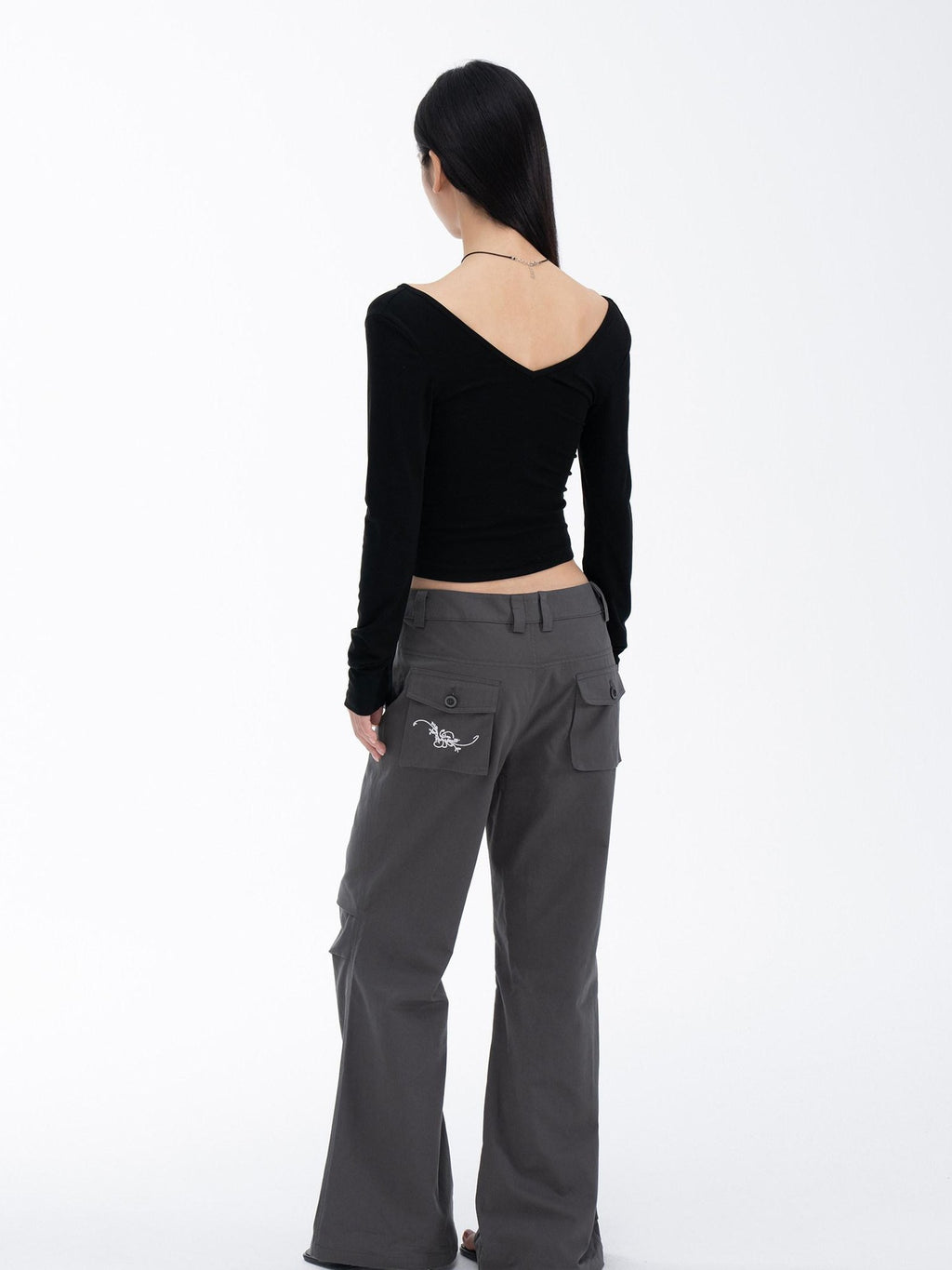 THELIGHT OFFICIAL Gray 3d Embroidery Rhinestone Women's Cotton Lyocell Blend Flare Pants