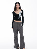 THELIGHT OFFICIAL Gray 3d Embroidery Rhinestone Women's Cotton Lyocell Blend Flare Pants