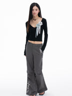 THELIGHT OFFICIAL Gray 3d Embroidery Rhinestone Women's Cotton Lyocell Blend Flare Pants