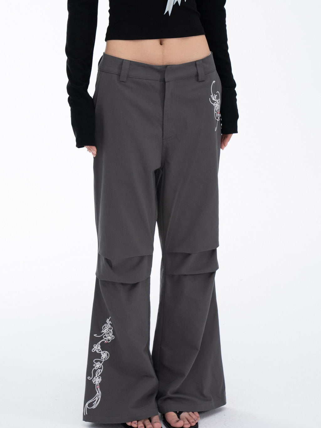 THELIGHT OFFICIAL Gray 3d Embroidery Rhinestone Women's Cotton Lyocell Blend Flare Pants