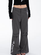 THELIGHT OFFICIAL Gray 3d Embroidery Rhinestone Women's Cotton Lyocell Blend Flare Pants
