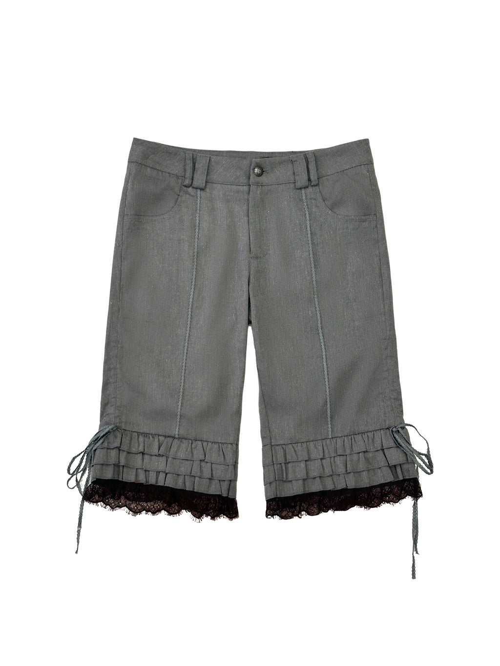THELIGHT OFFICIAL Gray Lace Ruffle Patchwork Flared Hem Women's Polyester Short Trousers 1026500256997