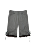THELIGHT OFFICIAL Gray Lace Ruffle Patchwork Flared Hem Women's Polyester Short Trousers 1026500256997