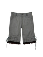 THELIGHT OFFICIAL Gray Lace Ruffle Patchwork Flared Hem Women's Polyester Short Trousers 1026500256997