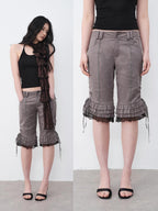 THELIGHT OFFICIAL Gray Lace Ruffle Patchwork Flared Hem Women's Polyester Short Trousers