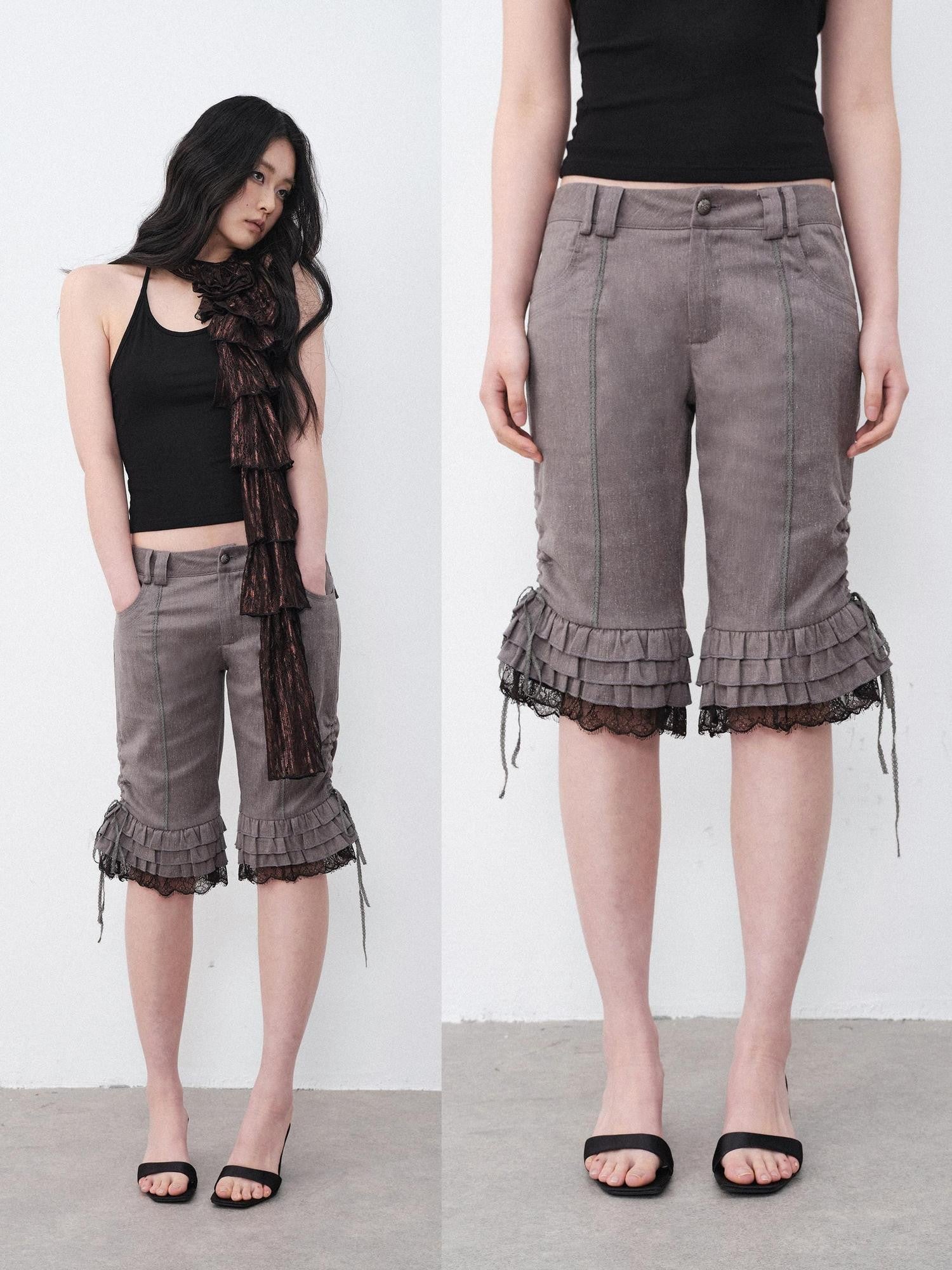 THELIGHT OFFICIAL Gray Lace Ruffle Patchwork Flared Hem Women's Polyester Short Trousers