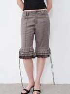 THELIGHT OFFICIAL Gray Lace Ruffle Patchwork Flared Hem Women's Polyester Short Trousers
