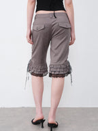 THELIGHT OFFICIAL Gray Lace Ruffle Patchwork Flared Hem Women's Polyester Short Trousers