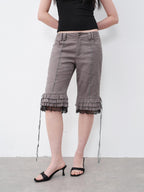 THELIGHT OFFICIAL Gray Lace Ruffle Patchwork Flared Hem Women's Polyester Short Trousers