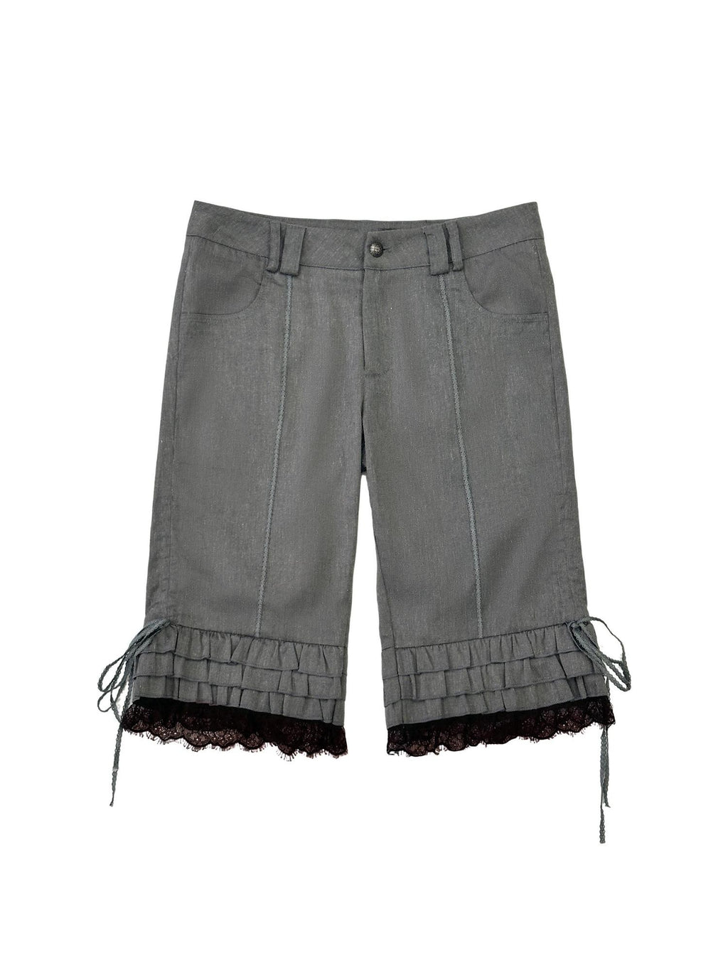 THELIGHT OFFICIAL Gray Lace Ruffle Patchwork Flared Hem Women's Polyester Short Trousers