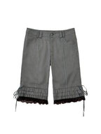 THELIGHT OFFICIAL Gray Lace Ruffle Patchwork Flared Hem Women's Polyester Short Trousers