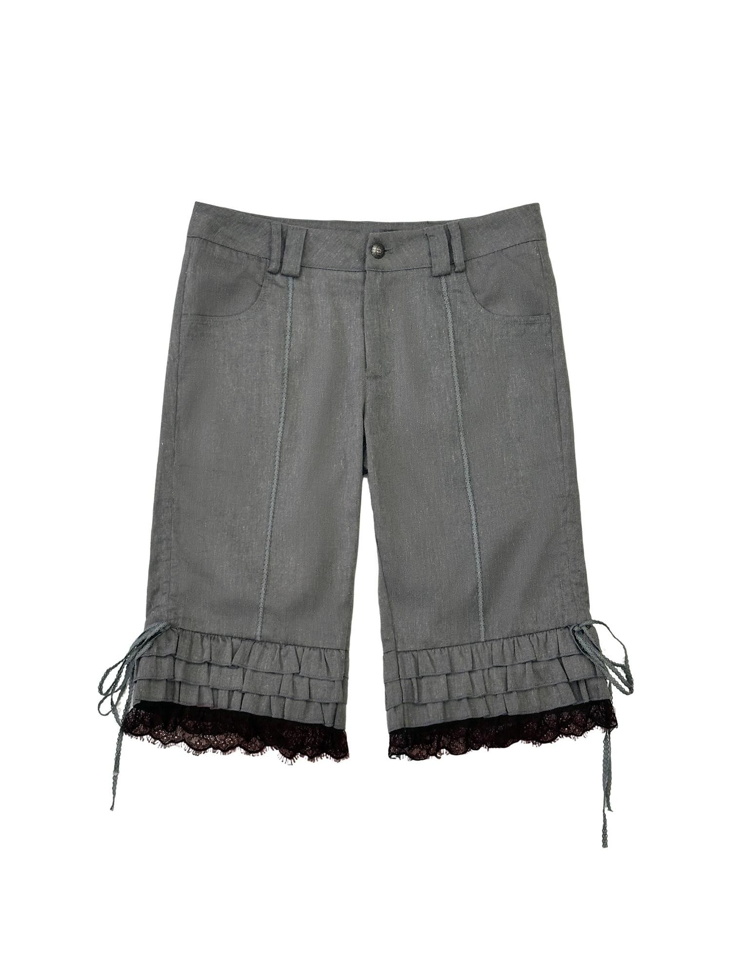 THELIGHT OFFICIAL Gray Lace Ruffle Patchwork Flared Hem Women's Polyester Short Trousers