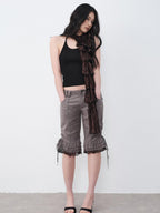 THELIGHT OFFICIAL Gray Lace Ruffle Patchwork Flared Hem Women's Polyester Short Trousers