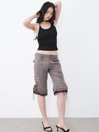 THELIGHT OFFICIAL Gray Lace Ruffle Patchwork Flared Hem Women's Polyester Short Trousers