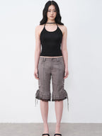 THELIGHT OFFICIAL Gray Lace Ruffle Patchwork Flared Hem Women's Polyester Short Trousers