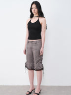 THELIGHT OFFICIAL Gray Lace Ruffle Patchwork Flared Hem Women's Polyester Short Trousers