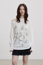 THELIGHT OFFICIAL Handpainted Starfish Print Asymmetric Women's Lyocell Blend Long Sleeve T-shirts 899554578156