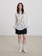 THELIGHT OFFICIAL Handpainted Starfish Print Asymmetric Women's Lyocell Blend Long Sleeve T-shirts