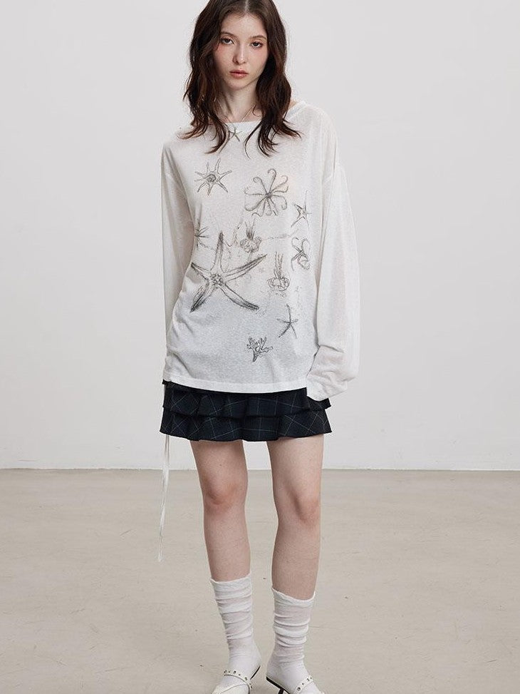 THELIGHT OFFICIAL Handpainted Starfish Print Asymmetric Women's Lyocell Blend Long Sleeve T-shirts