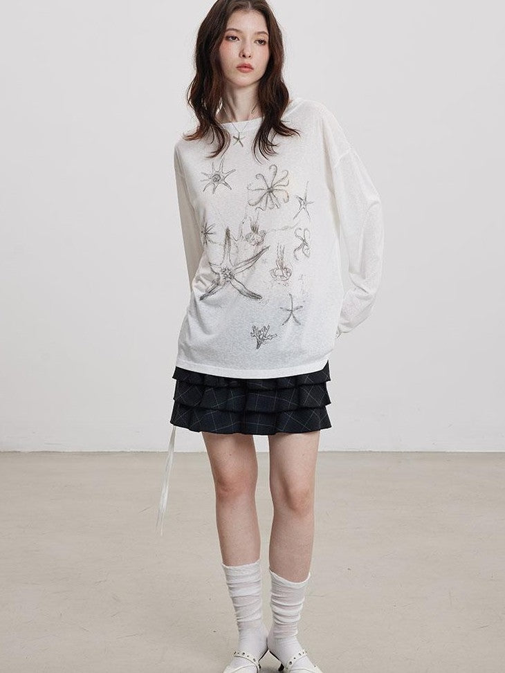 THELIGHT OFFICIAL Handpainted Starfish Print Asymmetric Women's Lyocell Blend Long Sleeve T-shirts