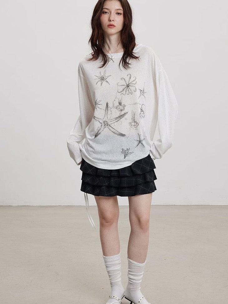 THELIGHT OFFICIAL Handpainted Starfish Print Asymmetric Women's Lyocell Blend Long Sleeve T-shirts