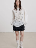 THELIGHT OFFICIAL Handpainted Starfish Print Asymmetric Women's Lyocell Blend Long Sleeve T-shirts