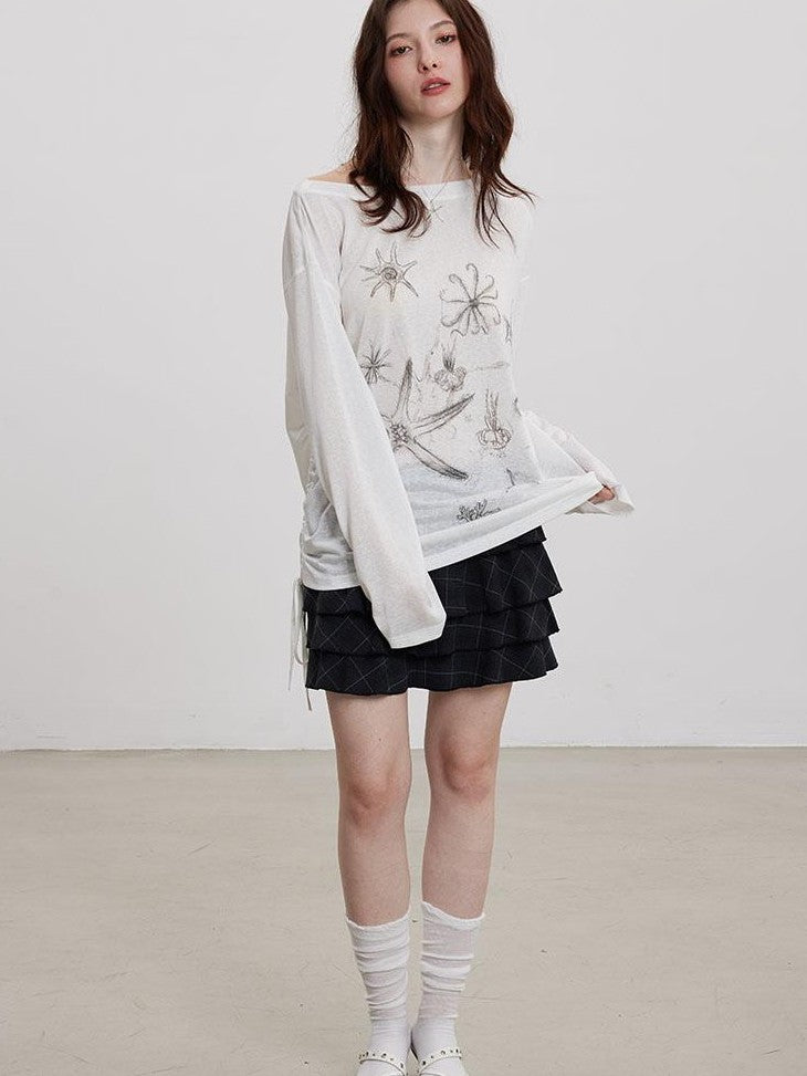 THELIGHT OFFICIAL Handpainted Starfish Print Asymmetric Women's Lyocell Blend Long Sleeve T-shirts