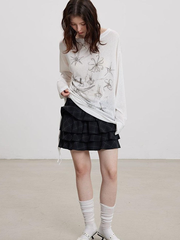 THELIGHT OFFICIAL Handpainted Starfish Print Asymmetric Women's Lyocell Blend Long Sleeve T-shirts