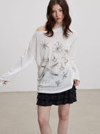 THELIGHT OFFICIAL Handpainted Starfish Print Asymmetric Women's Lyocell Blend Long Sleeve T-shirts