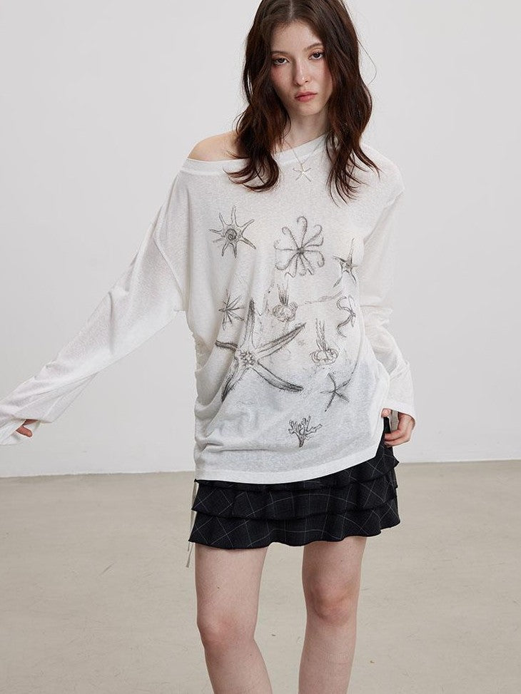 THELIGHT OFFICIAL Handpainted Starfish Print Asymmetric Women's Lyocell Blend Long Sleeve T-shirts