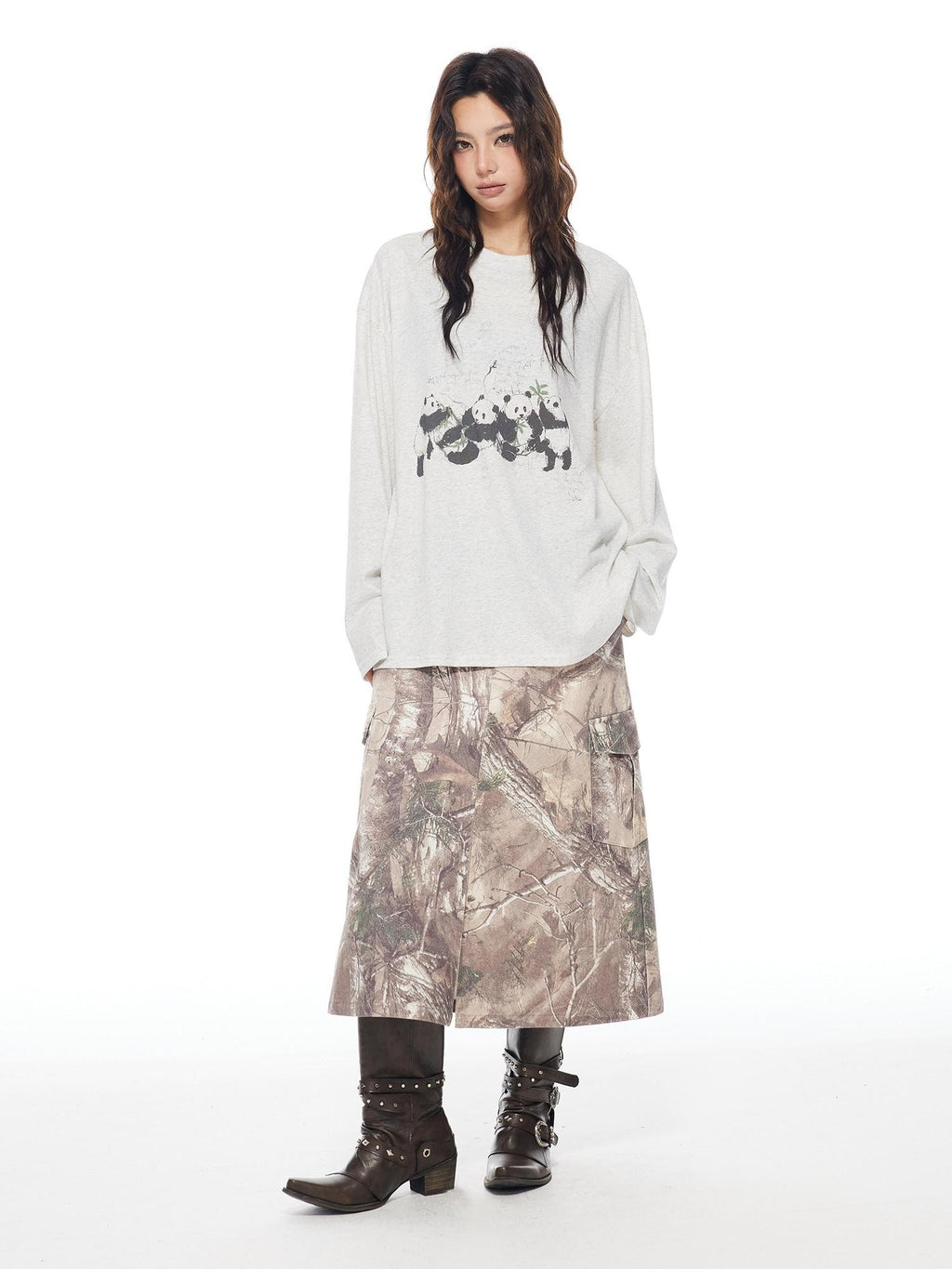 THELIGHT OFFICIAL Heather Gray Thin Panda Graphic Loose Round Neck Women's Long Sleeve T-shirts