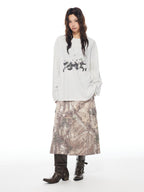THELIGHT OFFICIAL Heather Gray Thin Panda Graphic Loose Round Neck Women's Long Sleeve T-shirts