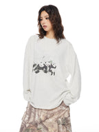 THELIGHT OFFICIAL Heather Gray Thin Panda Graphic Loose Round Neck Women's Long Sleeve T-shirts