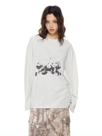 THELIGHT OFFICIAL Heather Gray Thin Panda Graphic Loose Round Neck Women's Long Sleeve T-shirts