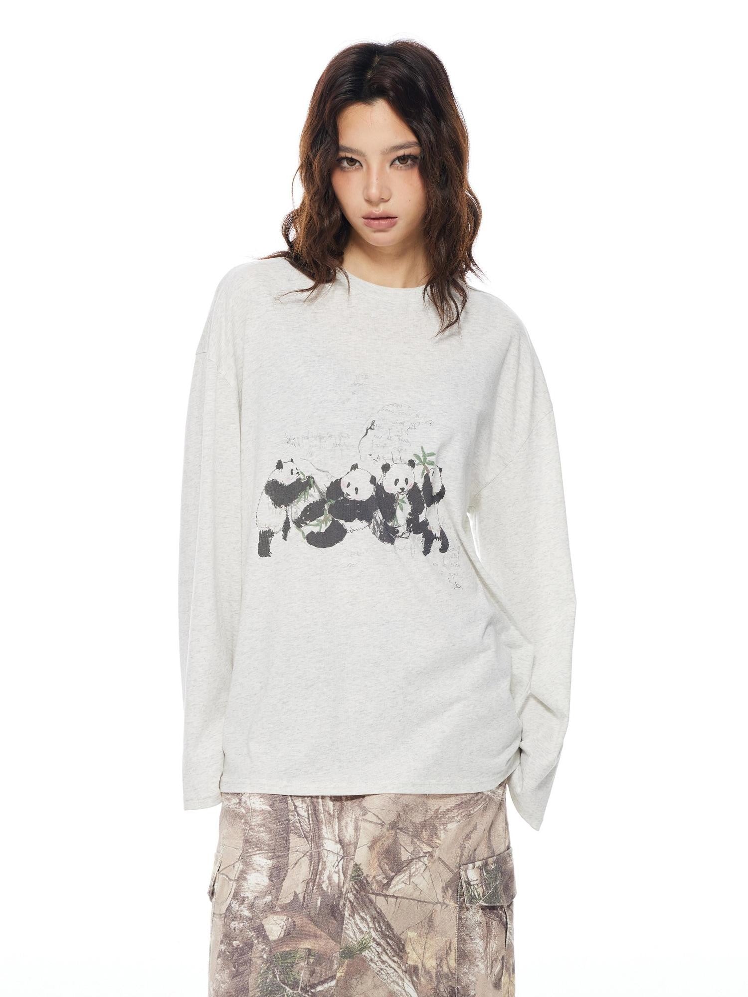 THELIGHT OFFICIAL Heather Gray Thin Panda Graphic Loose Round Neck Women's Long Sleeve T-shirts