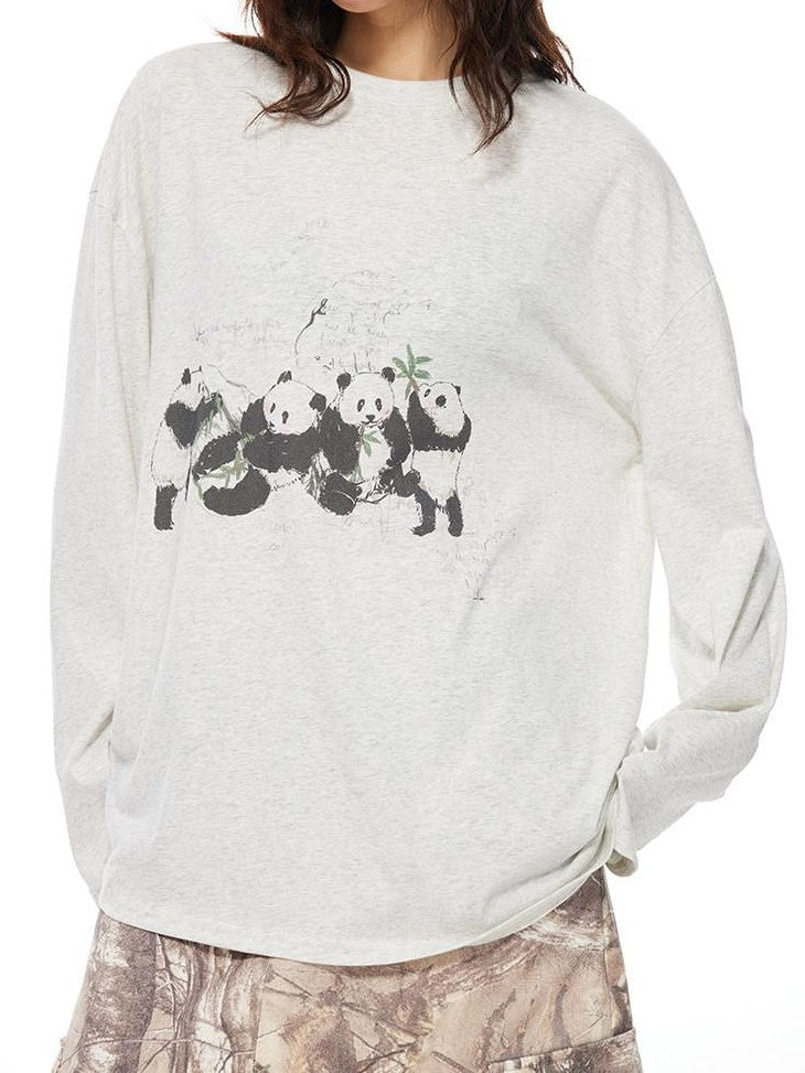 THELIGHT OFFICIAL Heather Gray Thin Panda Graphic Loose Round Neck Women's Long Sleeve T-shirts