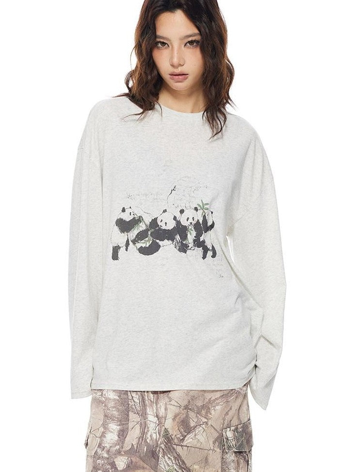 THELIGHT OFFICIAL Heather Gray Thin Panda Graphic Loose Round Neck Women's Long Sleeve T-shirts