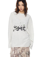 THELIGHT OFFICIAL Heather Gray Thin Panda Graphic Loose Round Neck Women's Long Sleeve T-shirts