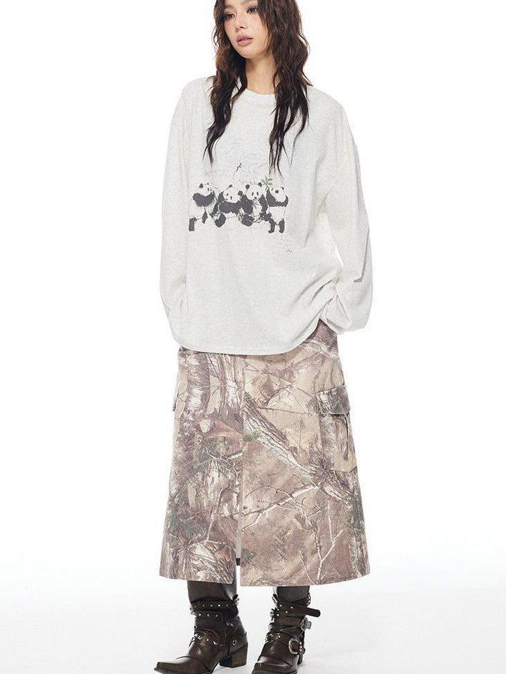 THELIGHT OFFICIAL Heather Gray Thin Panda Graphic Loose Round Neck Women's Long Sleeve T-shirts
