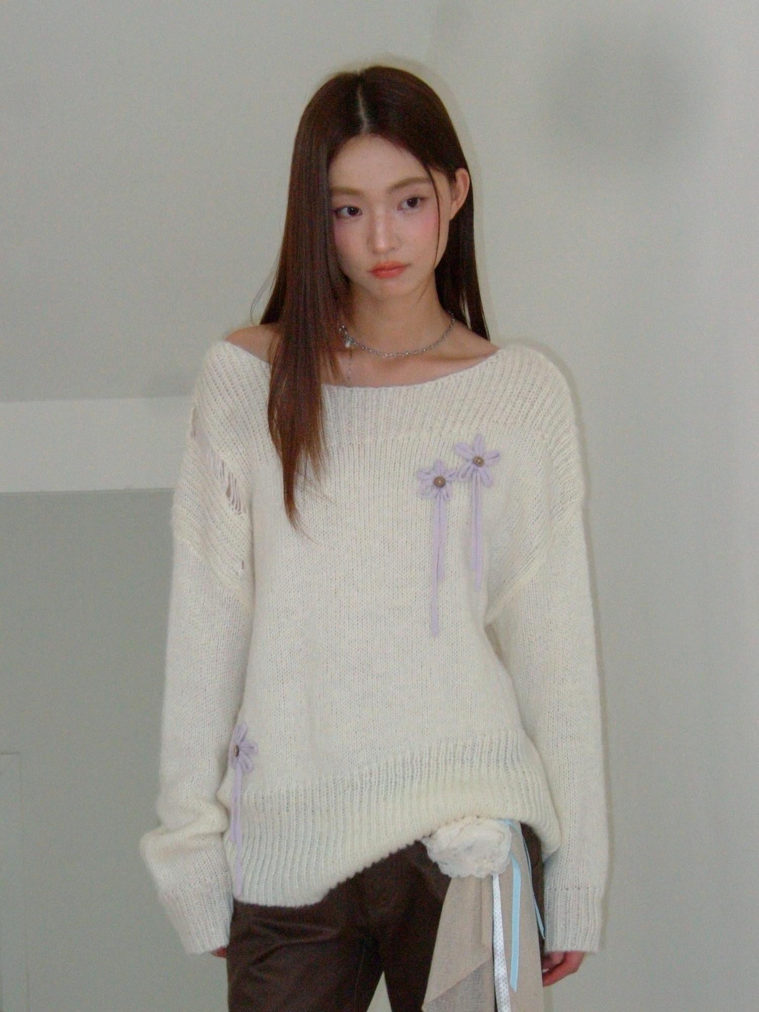 THELIGHT OFFICIAL Ivory 3d Bow Crochet Openwork Cutout Off Shoulder Women's Wool Blend Sweaters