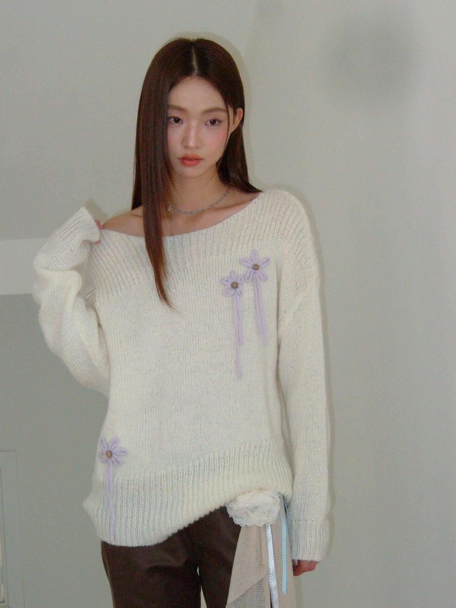 THELIGHT OFFICIAL Ivory 3d Bow Crochet Openwork Cutout Off Shoulder Women's Wool Blend Sweaters