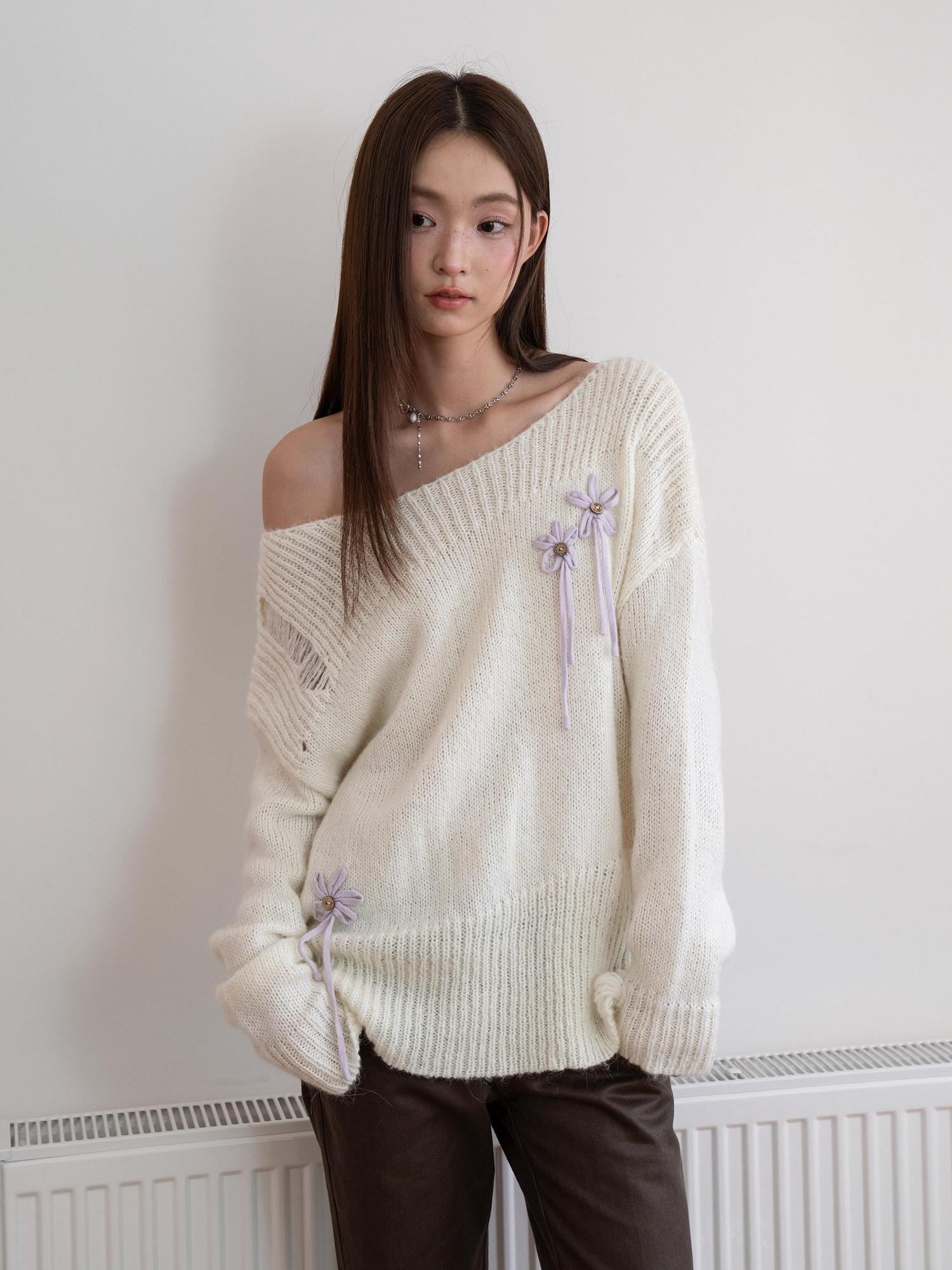 THELIGHT OFFICIAL Ivory 3d Bow Crochet Openwork Cutout Off Shoulder Women's Wool Blend Sweaters