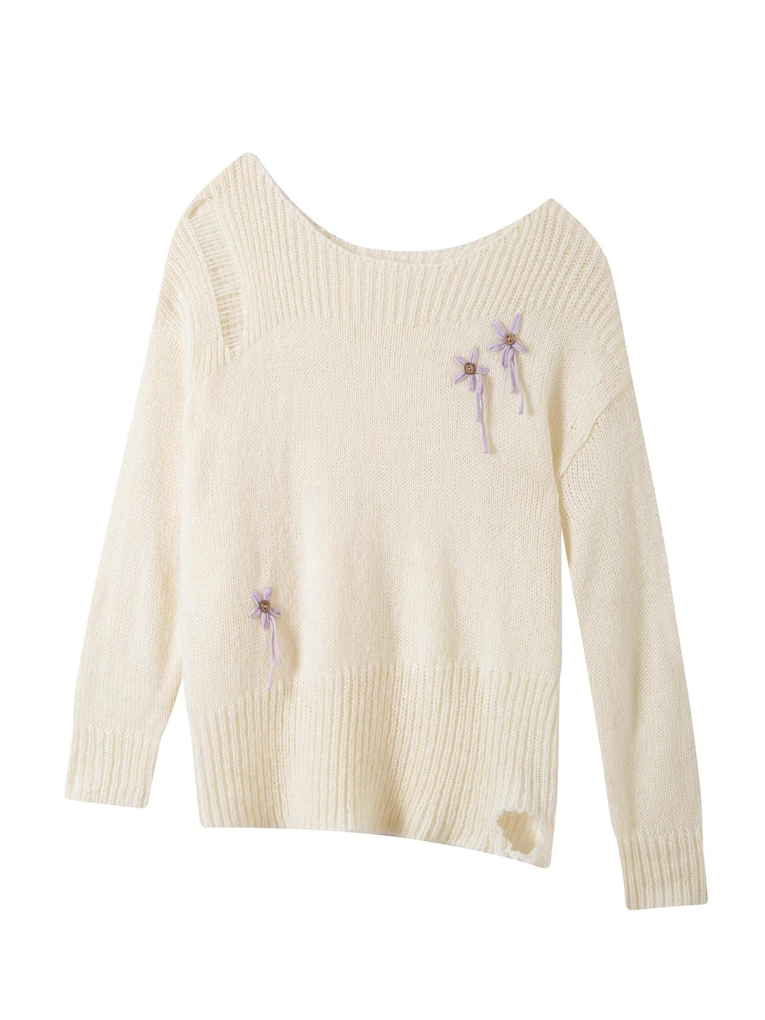 THELIGHT OFFICIAL Ivory 3d Bow Crochet Openwork Cutout Off Shoulder Women's Wool Blend Sweaters
